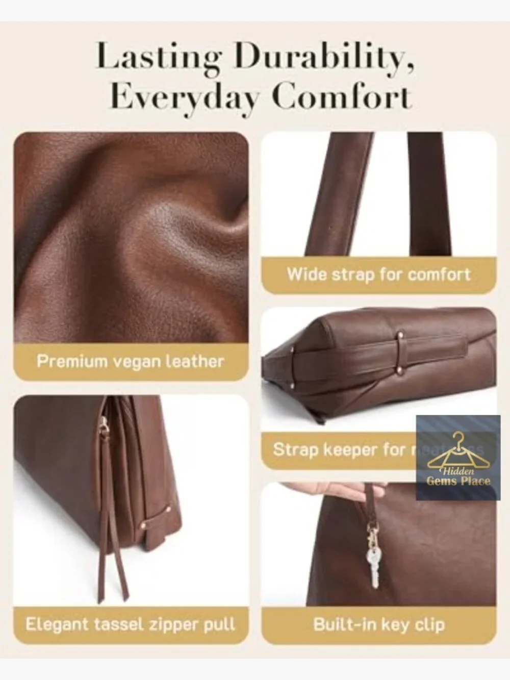 Vegan Leather Hobo Bag with Multi-Pockets Large Shoulder Tote Crossbody